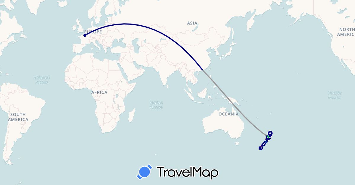 TravelMap itinerary: driving, bus, plane, hiking, boat in France, Hong Kong, New Zealand (Asia, Europe, Oceania)